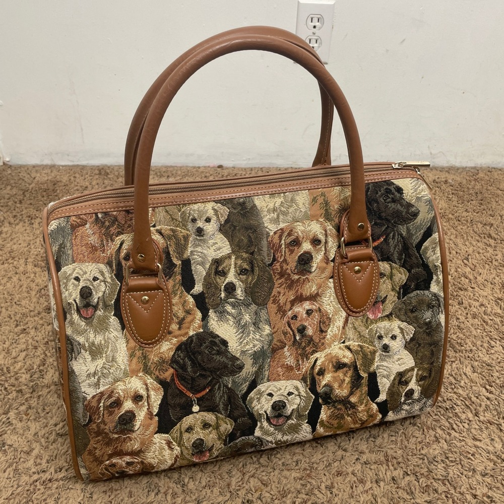 Signare Tapestry Dog‎ Breed Satchel Bag Tan Faux Leather Trim Barrel Handbag